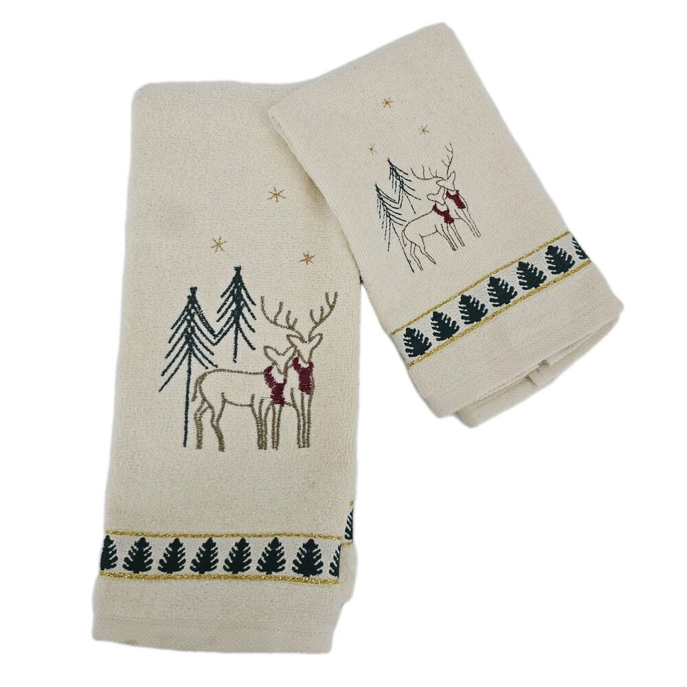 Vintage 1990's Santens 2pc Christmas Hand Towels Reindeer Cream Cotton USA